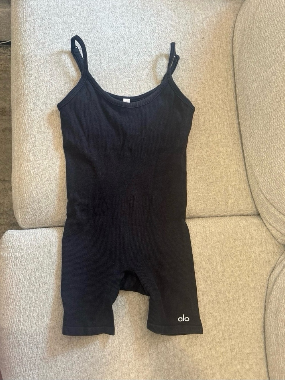 ALO Yoga Black Ribbed Tank Romper with Logo